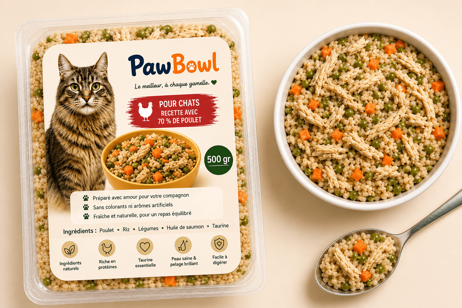 Repas PawBowl au poulet pour chat avec son packaging de 500 g