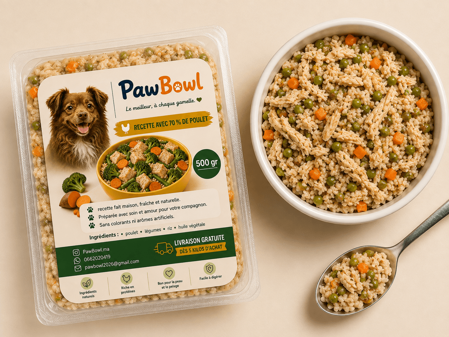 Repas PawBowl au poulet pour chien avec son packaging de 500 g